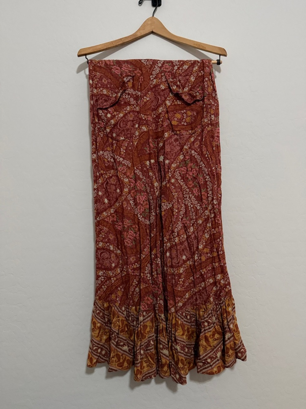 Spell Floral Tiered Maxi Skirt in Rust and Pink